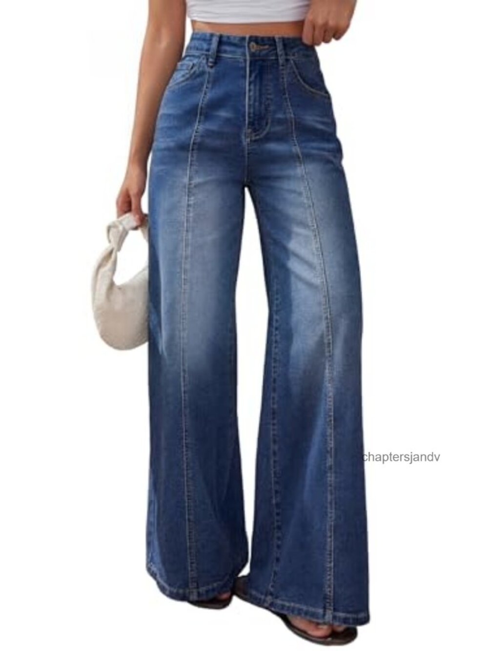 Wide Leg Baggy Jeans High Waisted Front Seam Cotton Stretch Pants
